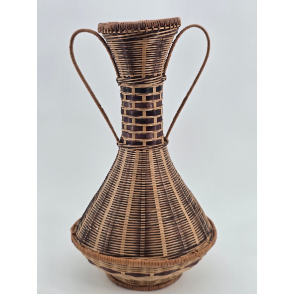 Vintage Woven Wicker Amphora Vase Two Tone Boho Decorative Double Handle 14.5in